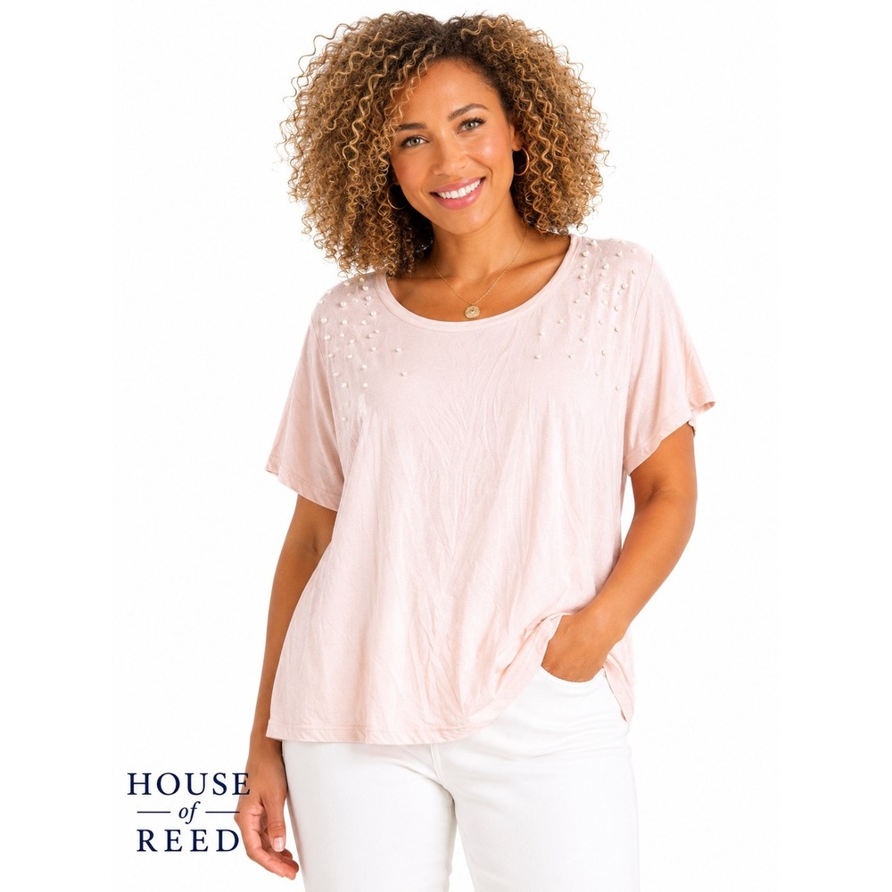 Hannah Woman Pink Faux Pearl Embellished Scoop Neck Short Sleeve Tee 2X